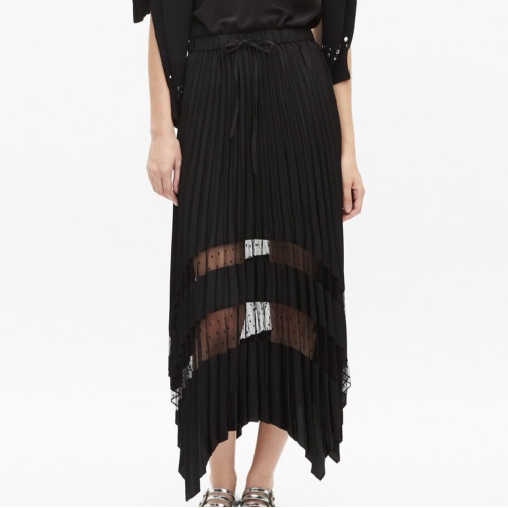 The Kooples Elegant LONG PLEATED SKIRT WITH BLACK LACE